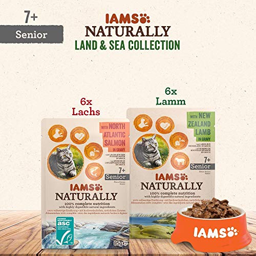 IAMS Naturally Senior Katzenfutter Nass in Sauce - hochwertiges Nassfutter mit Fleisch und Fisch für ältere Katzen, Land & Sea Collection, 12 x 85 g