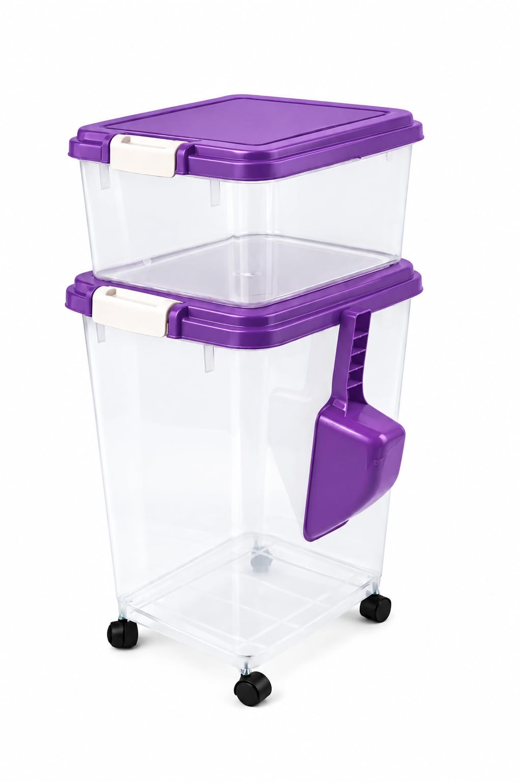 raxter Pet Food Storage Container Set, Clear with Red Lid, Food-Grade Plastic, 45L Combined Capacity, Airtight Seal, Wheeled Base, Stackable, 3 Piece Set with Measuring Scoop (Purple)