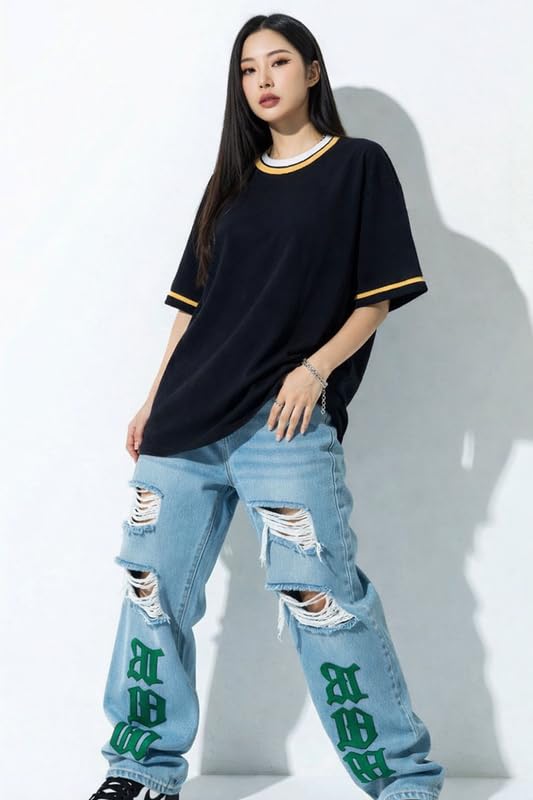 Image of London Hills Women's Waffle Texture T-Shirt | Loose Fit Casual Summer Top | Round Neck with Contrast Rib Collar & Sleeve Stripe | Soft Breathable Half Sleeve Tee