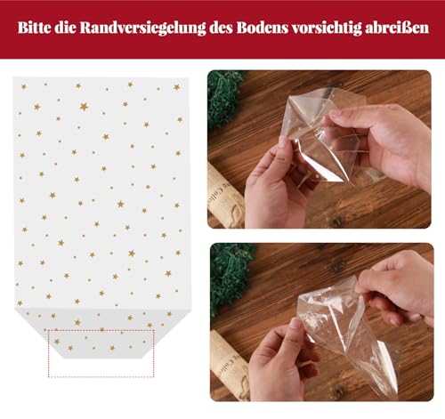 120 Stück Bodenbeutel Gold Sterne OPP Beutel mit 150er Gold Band Plätzchentüten Kekstüten Weihnachten Cellophantüten mit Boden Verpackung Keksbeutel Gebäckbeutel Weihnachtsbeutel Klarsichtbeutel Tüten