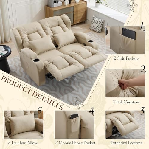 Image of SAMERY 54.3 inch Loveseat Recliner Sofa | Double Recliner Sofa | Wall Hugger Loveseat Reclining RV Theater Seats | RV Couch Home Theater Seating Furniture with Cup Holders, Pockets (Fabric Beige)