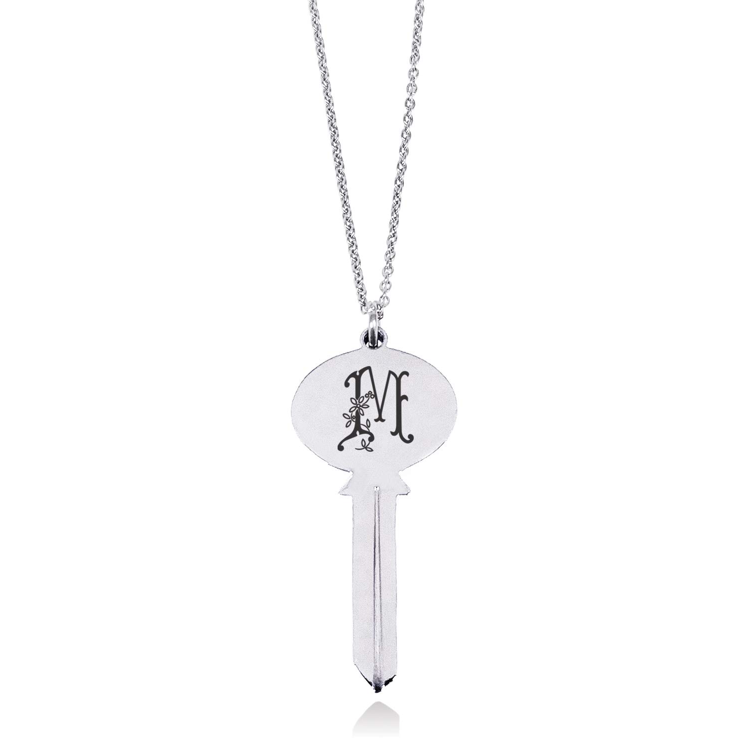 Tioneer Stainless Steel Letter M Initial Floral Monogram Oval Head Key Charm Pendant Necklace