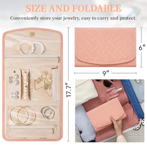 Image of Travel Jewelry Holder Organizer Case, Foldable Jewelry Roll Storage Bag for Necklaces Rings Earrings Bracelets, Large, Pink