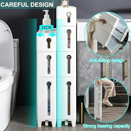 Cassettiera sottile con 4 cassetti e 2 rotelle, armadio da bagno stretto per piccoli spazi