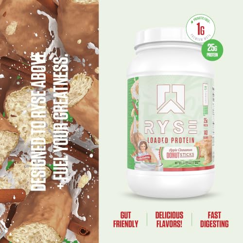 Image of Ryse Loaded Protein Powder - Apple Cinnamon Donuts Sticks - 25g Whey Protein Isolate & Concentrate with Prebiotic Fiber & MCTs - Low Carb, Low Sugar, Digestive-Friendly - 27 Servings / 2 lb Tub