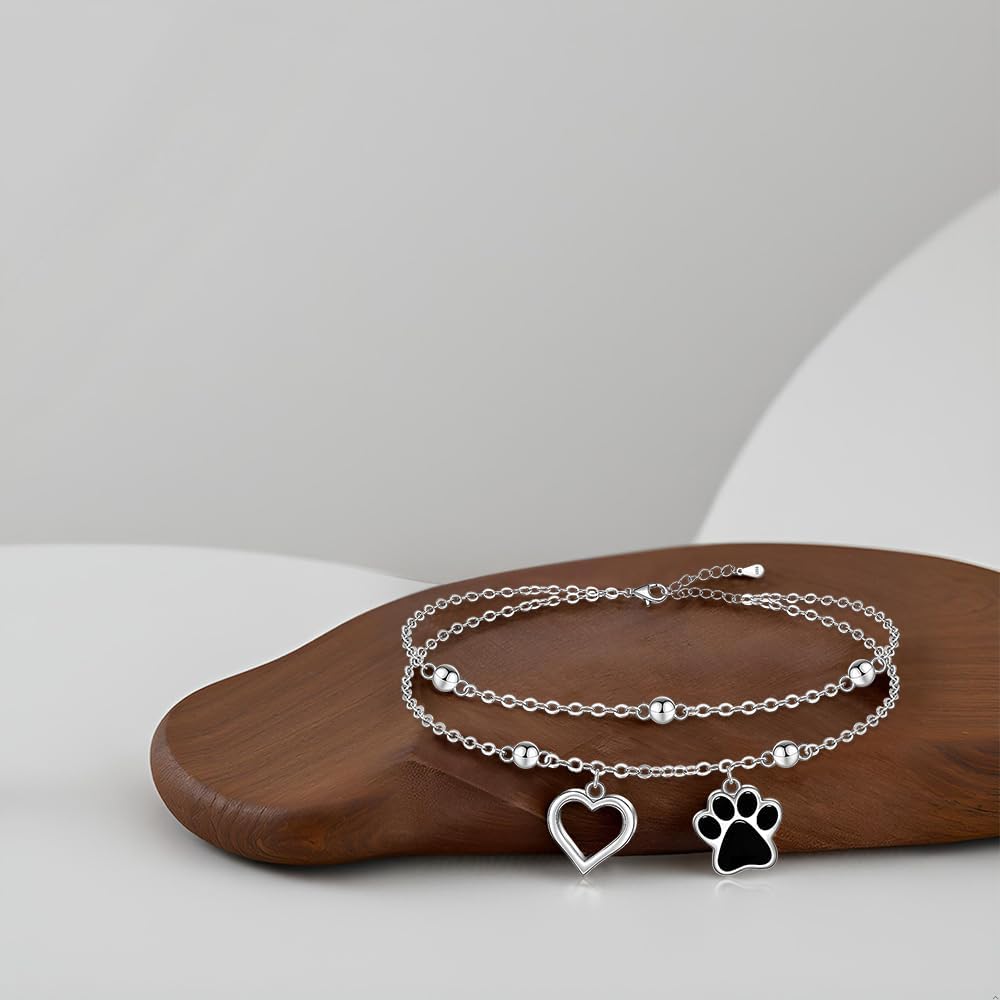 Ankle Bracelets for Women S925 Sterling Silver Heart Anklets Beaded Dog Paw Anklets Layered Jewelry Gifts - Image 3
