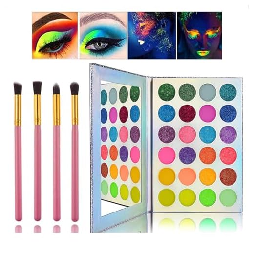 Glow in the Dark Makeup, Kalolary Neon Eyeshadow Glow Palette UV Glow Blacklight Matte and Glitter, 24 Colors Highly Pigmented Eyeshadow Kit with 4 Brushes for Halloween Christmas Cosplay Face Body Makeup