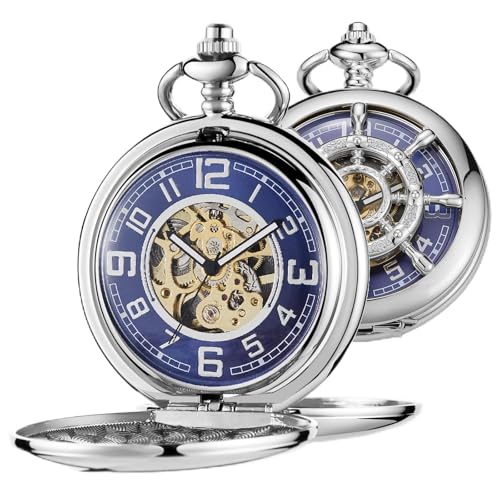 Image of Men's Mechanical Pocket Watch Black Rudder Pattern Double Open Hollow Roman Numerals Pocket Watch
