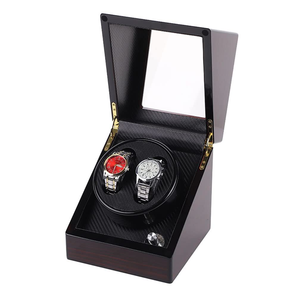 CGCSYZ Double Watch Winder For 2 Automatic Watches Solid Wooden Box With Quiet Motors Carbon Fibre Interior For Women Men's Mechanical Watches 5 Rotation Modes Battery Powered Or AC Adapter (Svart)