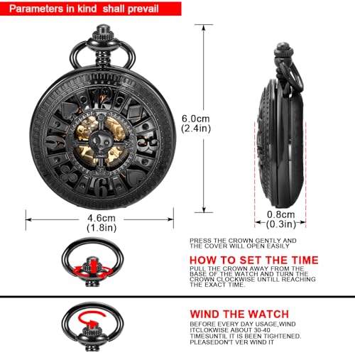 Image of Men's Mechanical Hollow Design Hand Wind Pocket Watch Roman Numerals Steampunk with Chain Box