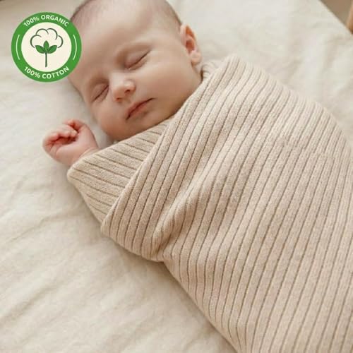 Image of 100% Organic Cotton Knit Receiving Baby Blanket for Newborns - Soft, Breathable Blanket for Crib & Stroller - Nursery Gift 2-Pack (Ribbed Fog /Baby Blue).