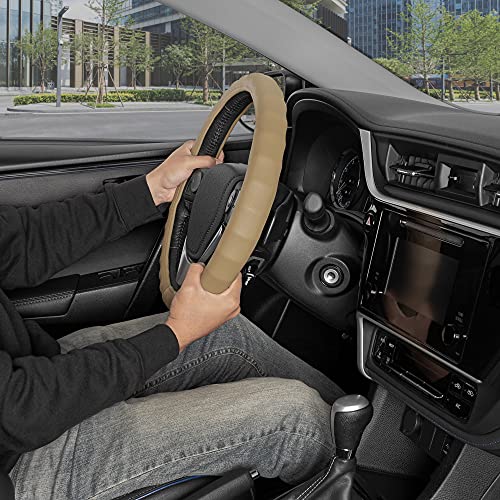 Image of BDK Genuine Leather Steering Wheel Cover Small 13.5 inch-14.5 inch Beige