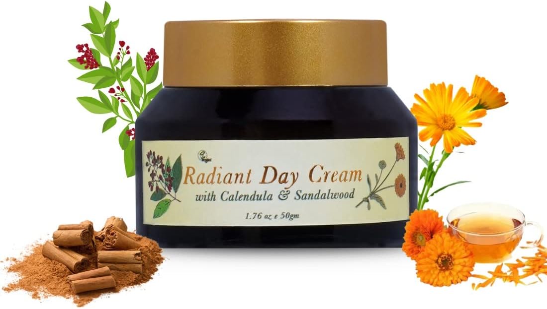 Radiant Day Cream, Ideal for dehydrated, Tired and Aging Skin, Sun Protection, with Calendula & Sandalwood Extracts, Cocoa Butter, Aloe Vera Gel, Suitable Daily Use for All Skin Types, 50 gm