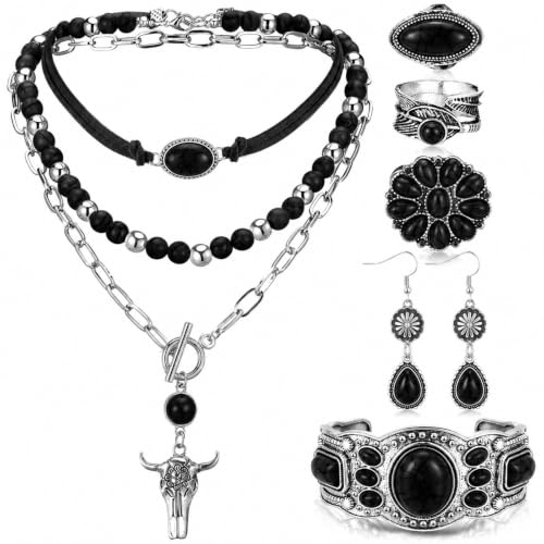 Image of Ecally Bohemian Western Jewelry Turquoise Set Women Country Pendant Long Choker Layered Bracelets Earrings Ring for Women