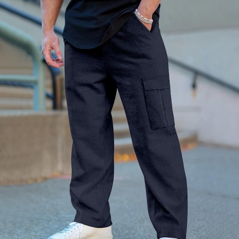 Men's Casual Cargo Drawstring Pants Elacstic Waist Solid Color Trousers with Pockets Straight Leg Trendy Outfits Fashion Loose Fit Relaxed Sweatpants Blue 2XL2