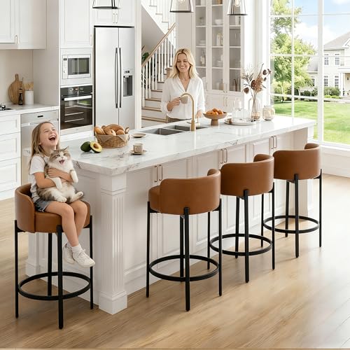 Image of CIMOTA Bar Stools Set of 4, PU Leather Counter Height Barstools with Low Back and Black Thickened Metal Legs, 26 Inch Modern Island Chairs for Kitchen Island, Bar(Brown, 4Pcs 26 inch Counter Stools)
