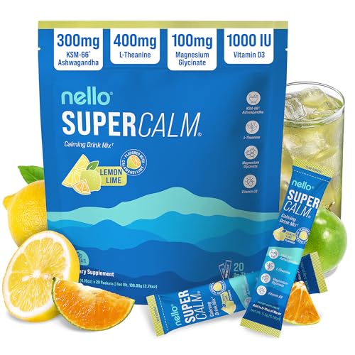 Image of Nello Supercalm Powdered Drink Mix, Cortisol Reducer* and Sleep Aid Supplement, L Theanine, Ksm-66 Ashwagandha, Magnesium Glycinate, Vitamin D 3, No Sugar, Non GMO, On The Go, 20 Ct, Lemon Lime