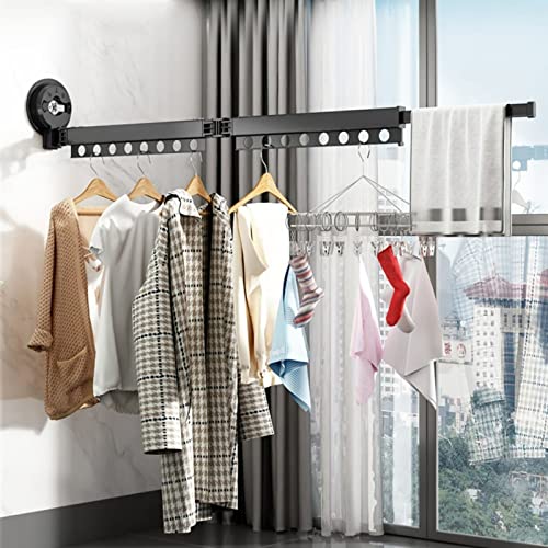 UQACHG Clothes airer indoor Suction Cup Clothes Drying Rack Wall Mounted Dryer Rack Retractable Hanging Clothes Drying Rack For Indoor Balcony,Laundry,Space Saver,Aluminum Drying Rac,Noir-129.5cm