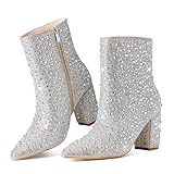 Erocalli Silver Boots for Women Rhinestones Ankle Boots Glitter Boots Ankle Pointed Toe Chunky Heels for Party Prom Date Size 7