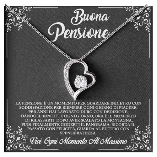 Bramart Collana Donna Pensionata Idea regalo per lei Finitura in Argento o Oro, Idee Regali Ciondolo a Cuore per pensionate - Cofanetto con DEDICA incluso (Buona Pensione 2)