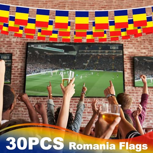 Image of Romania String Flag Pennant Banner, Small Mini Romanian Flags Bunting Banner, National Country Decoration for School, Party, Sports Events, Patriotic Festival, 33 Feet 30 Flags