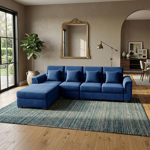 Image of Wood 6 Seater Sofa Set | Velvet Fabric Upholstery | Modern Wooden Frame Sectional Couch with Cushions for Living Room, Home & Office (Blue)
