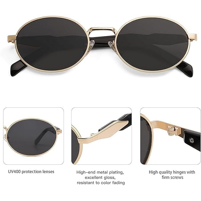 Image of Creature Oval Metal Frame Sunglasses for Men & Women | Vintage Retro Style | UV Protection | Gold Frame with Dark Lenses