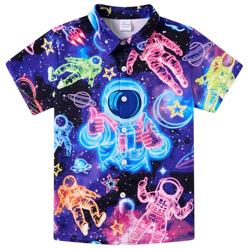 Image of uideazone Big Boys Funky Astronaut Shirts 3D Neon Space Printing Button Down Shirts UFO Short Sleeve Unqiue Blouse Beach Style Summer Wear Tops Size 13 Size 14