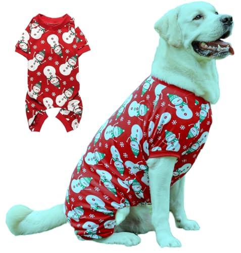 Lanyarco Snowman Dog Christmas Pajamas Xmas Cotton Pet Jumpshit Christmas Onesie PJS for Large Dogs, Back 23" XLarge Red