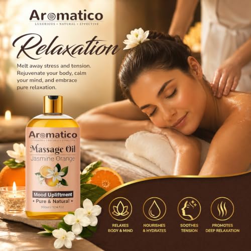Image of AROMATICO Jasmine Orange Massage Oil. Sensual Oil for Date Nights & Mood Upliftment. Intimate, Romantic Massage Oil for Couples. Non-sticky, 100% Natural - 300ml Pack of 2