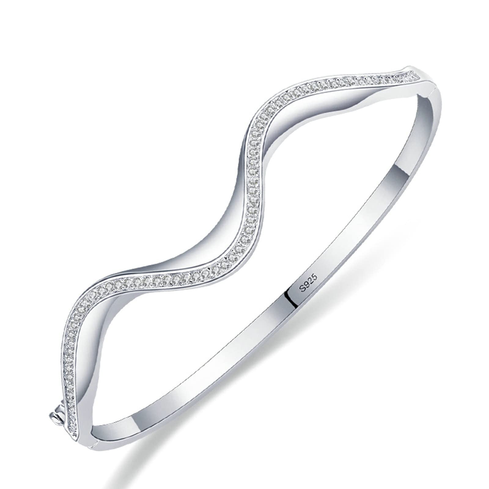 ZH1YFD Brazalete Pulseras de Plata de Ley Banda Ondulada con circonitas cúbicas Pulseras de Plata Mujer