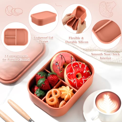 Image of Honeydak 4 Pcs Silicone Bento Box, 3 Compartment Lunch Food Container for Women Men, Leak Proof Microwave Easy to Clean Dishwasher Freezer Safe (Orange)