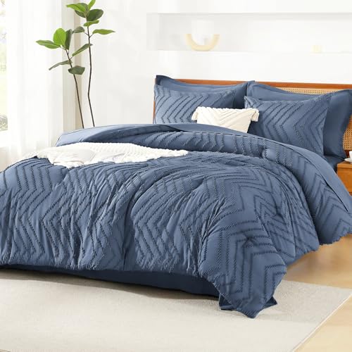 Image of Litanika Queen Size Comforter Set with Sheets Ocean Blue - 7 Pieces Bed in a Bag Queen Chevron Tufted Complete Bedding Sets with Comforter, Sheets, Pillowcases & Shams