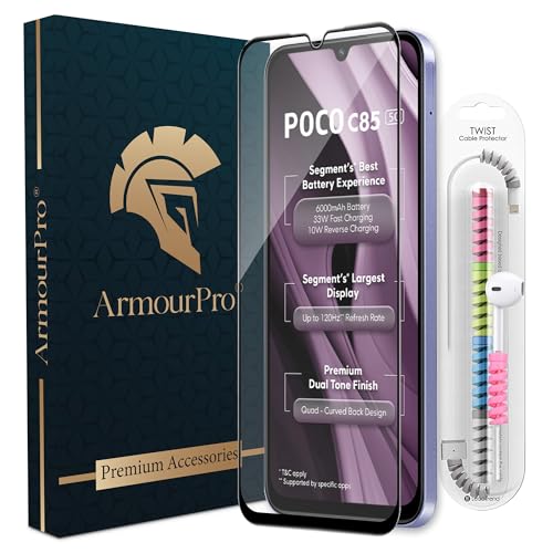 Image of ArmourPro Military-Grade Tempered Glass for Poco C85-9H Anti Scratch, Edge-to-Edge Coverage, HD Clarity, Smooth Touch, Case Friendly, Easy Installation Kit with Cable Protector