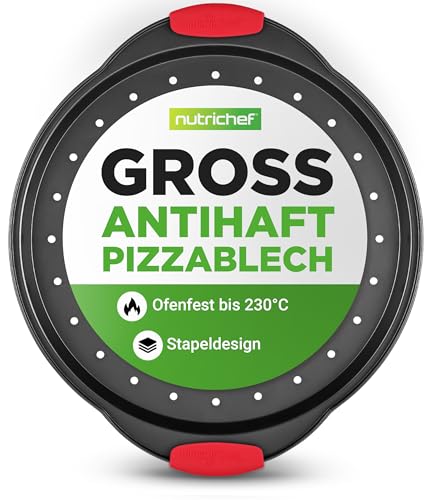 NutriChef Pizzablech Schwarz Ø 32 cm – Antihaft, Gelocht, Carbonstahl Pizzaform mit Griff | Spülmaschinenfest & BPA-frei | Stapelbar