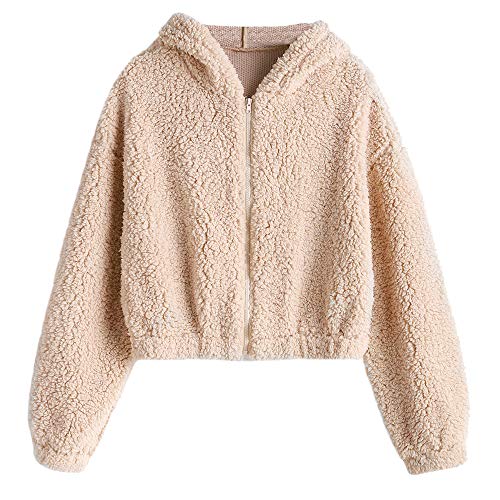 ZAFUL Women's Hooded Zip Up Faux Shearling Fluffy Teddy Jacket Coat (Light Khaki, M)
