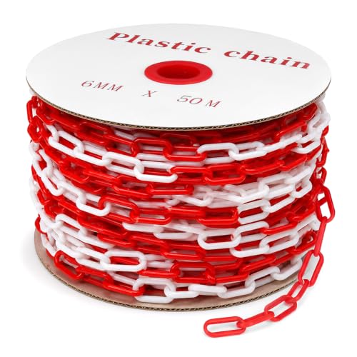 QWORK Absperrkette aus Kunststoff 6mm 50M Absperrkette Rot weiß für Hotels Parkplätze Bahnhöfe (1 Rolle)