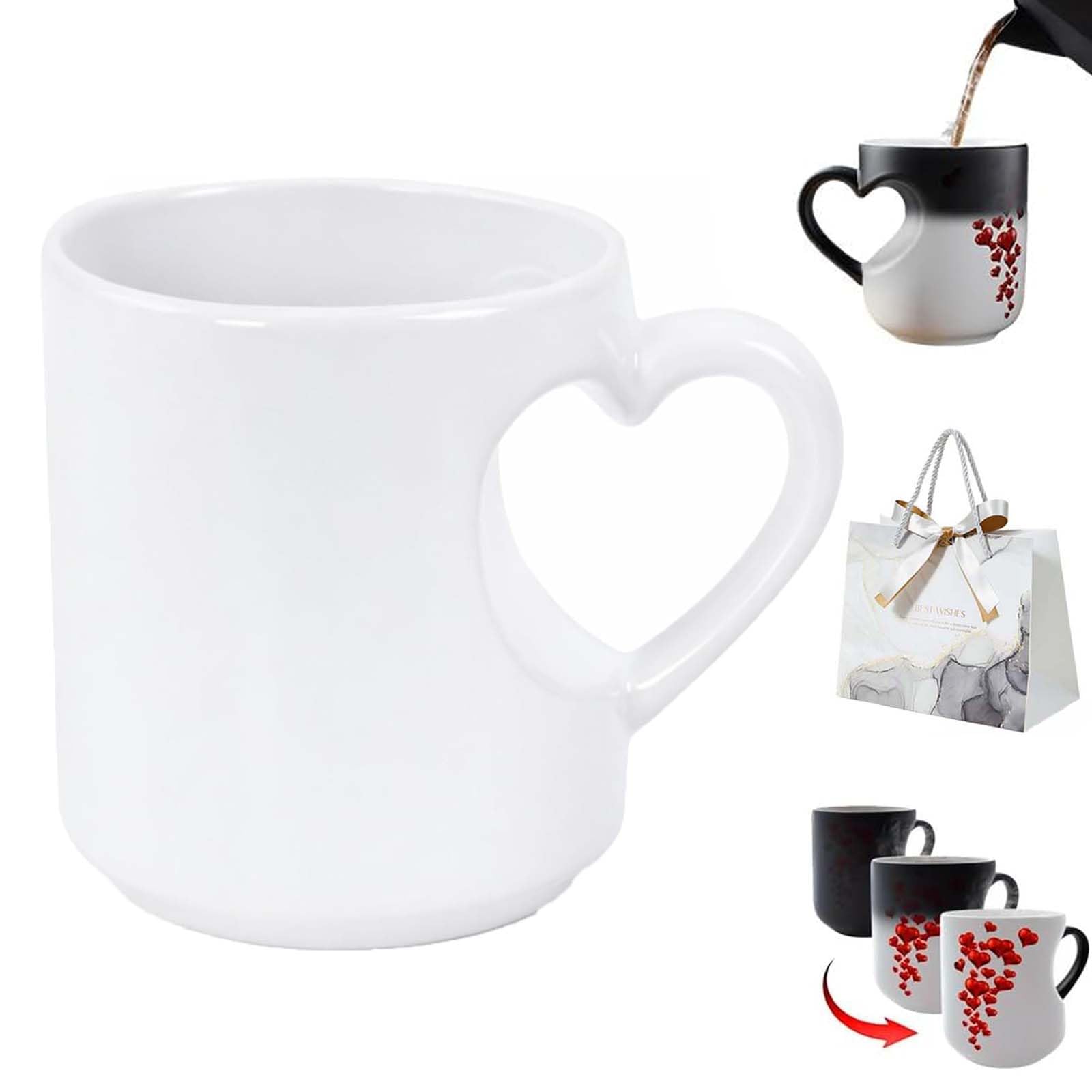 Pnedeodm Heart-Shaped Color Changing Magic Ceramic Mug, Funny Color Changing Coffee Cup, Heart Shaped Handle Ceramic Coffee Cup for Valentine's Day, Romantic Gift (White)