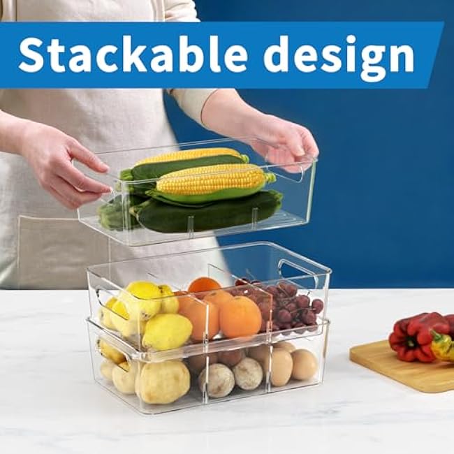 6 Pack Pantry Organizers and Storage,Clear Plastic Containers with 2 Dividers for Kitchen,Fridge Organization and Storage,Acrylic Bins for Pounches,Spice Packet,Snack organzier