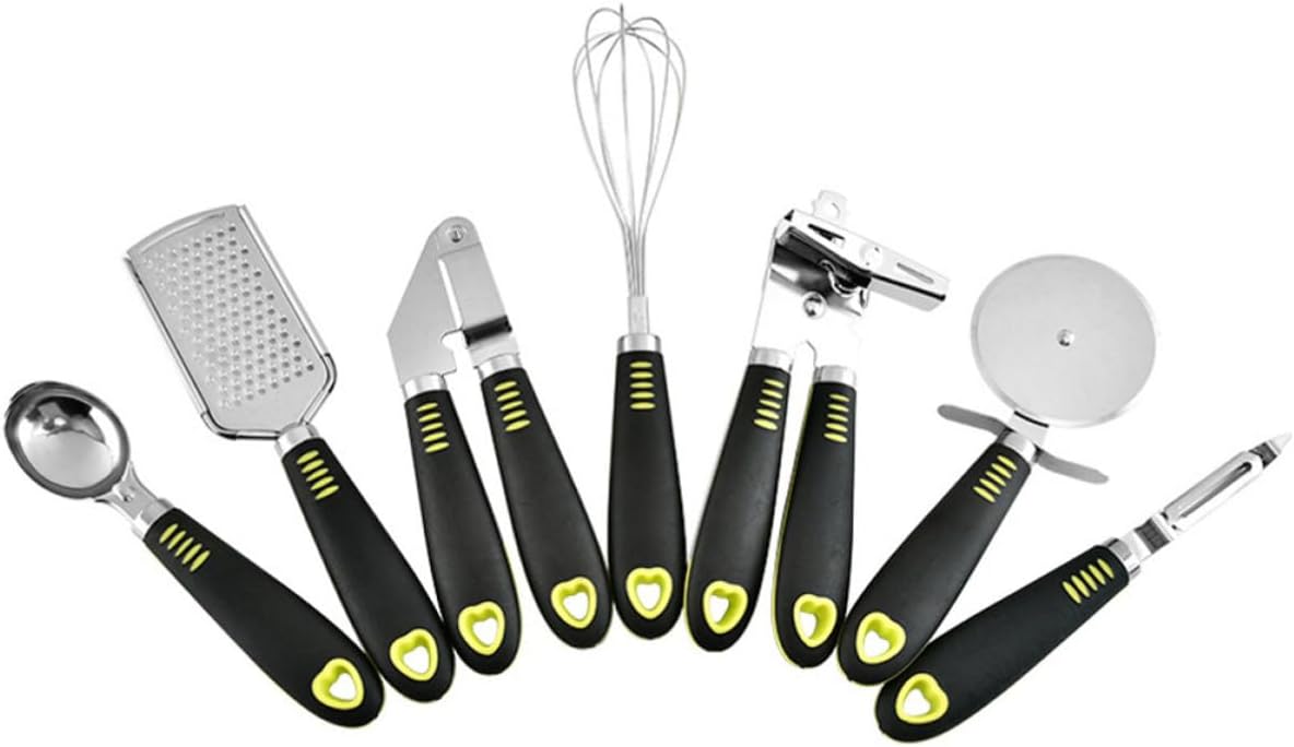 POPETPOP Stainless Steel Kitchen Utensils Set Non-toxic Cooking Tools 7pcs with Can Opener and Pizza Wheel, Ergonomic Design and Hanging Hole for Home and Professional Use
