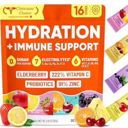 Venture Pal Sugar Free Hydration Packets + Immune - Liquid Daily IV Electrolyte Powder with 7 Electrolytes & 6 Vitamins Probiotics + Elderberry + Echinacea | Non-GMO Keto Friendly Vegan | 16 Sticks