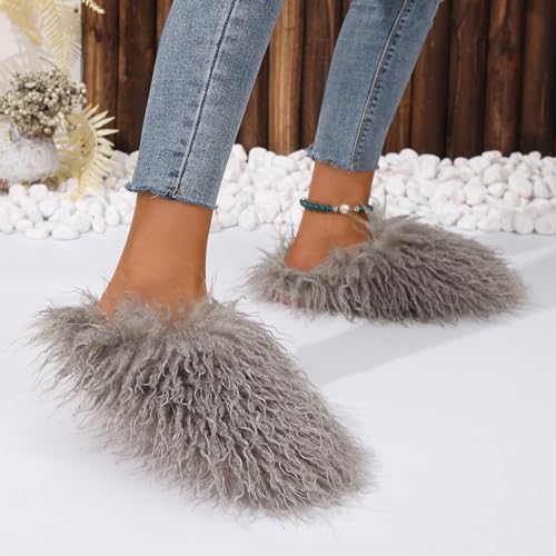 Image of Unisex Fuzzy Faux Fur Slippers, Women's Fluffy Long Hair Sheep Faux Fur Slip on Slides, Girls Luxury Big Fluffy Outdoor Flat Slippers, Long Curly Hair Non-Slip Warm Home Slide Shoes
