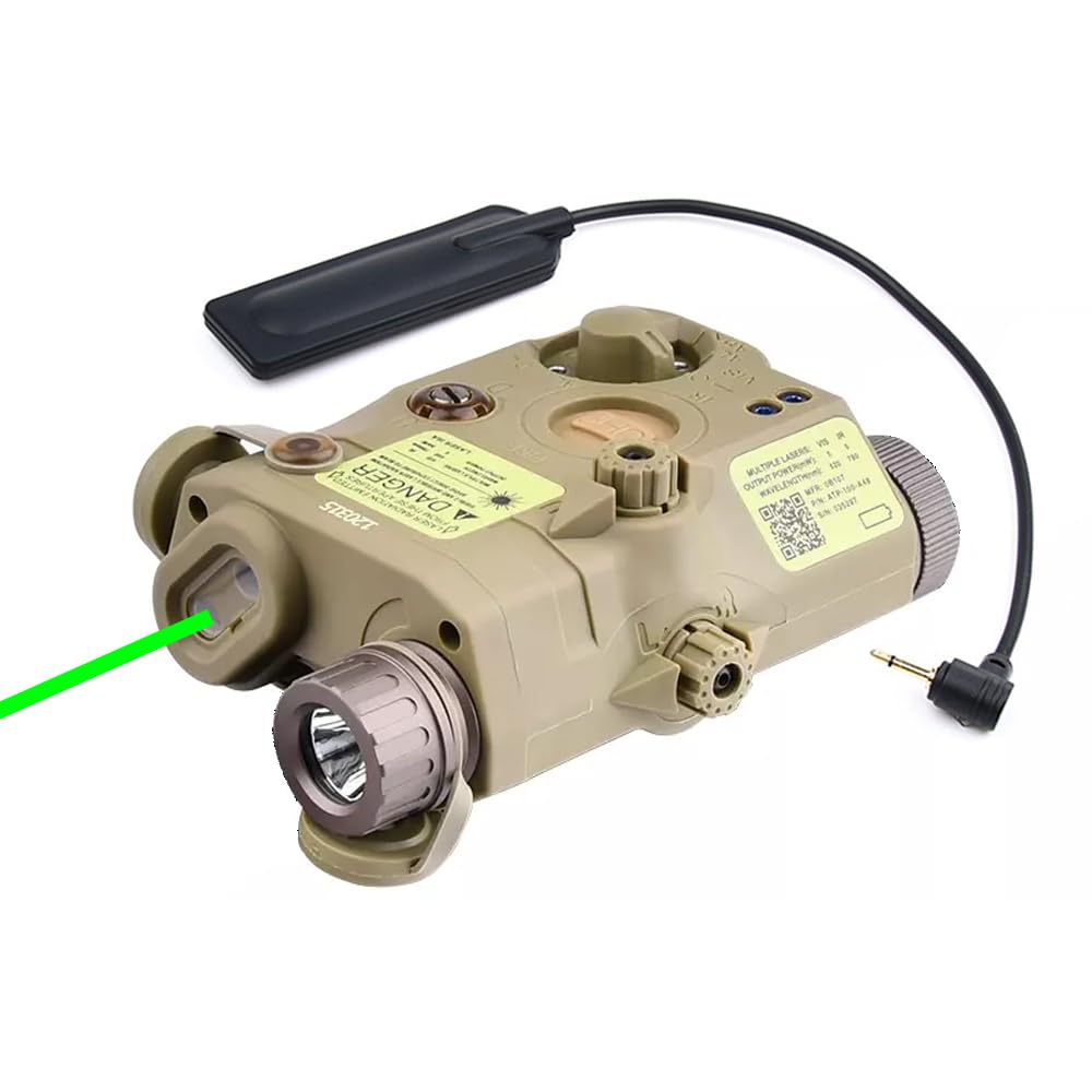 Nylon PEQ15 Box Aiming Laser Sight(with IR Laser + Green Laser + 200 Lumens White LED Flashlight), with Modular Wire Control Pressure Switch, for 20mm Rail, Tan