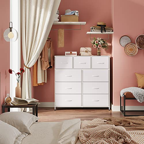 Wlive Fabric Dresser For Bedroom With 9 Drawers, Tall Chest Of Drawers, Storage Tower, Organizer Unit With Fabric Bin, Steel Frame, Wood Top For Nursery, Closets, White #TOP3