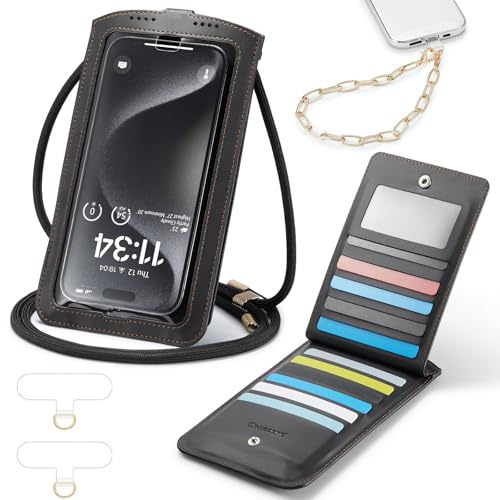 Cell Phone Purse Small Crossbody Phone Bag for Women Men Leather Mini Shoulder Wallet with Strap Lanyard Card Holder Slot Pouch Wrist Chain for All Smartphones iPhone 16 for Samsung up to 7.5" Black2