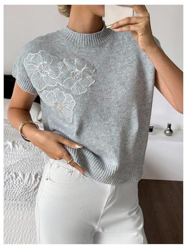 Image of SOLY HUX Women's Short Sleeve Sweater 3D Floral Sweaters Pullover Tank Tops Knit Vest Trendy Fashion Clothing Grey White Floral X-Small