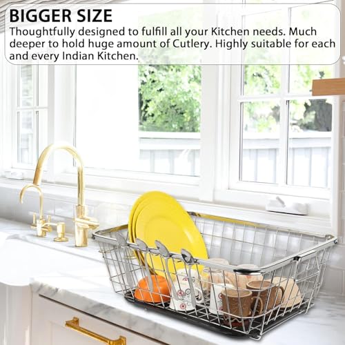 Image of BIRDWING Dish Drainer Steel (64x47x23) Stainless Steel Dish Drainer Basket Utensil Drying Stand for Kitchen /Plate Rack /Bartan Basket /Sink Counter Top Dish Drainer Rack