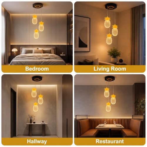 Image of Lamp master 3-Light Pineapple Ceiling Light | Decorative Hanging Light | Warm Glow | Transparent Acrylic & Metal | Gold Finish | Adjustable Height | Chandelier for Living Room, Bedroom & Dining Room