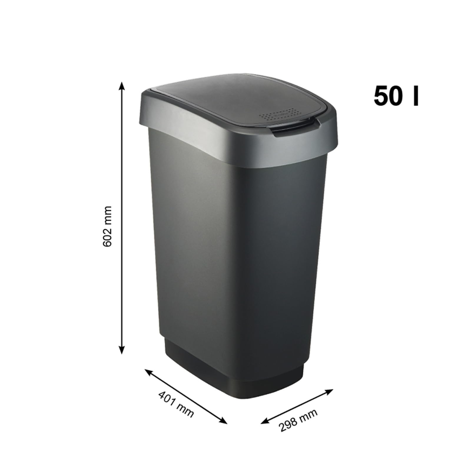 PROREGAL Klassischer Abfalleimer für Innenbereich | 50 Liter, HxBxT 60x29,8x40cm | Kunststoff | Schwarz-Silber