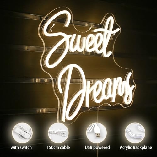 Image of ineonlife Sweet Dreams Neon Sign Warm White Letter LED Neon Lights for Bedroom Wall Decor Words USB Powered Light Up Sign for Room Decor Valentine Party Wall Hanging Decoration